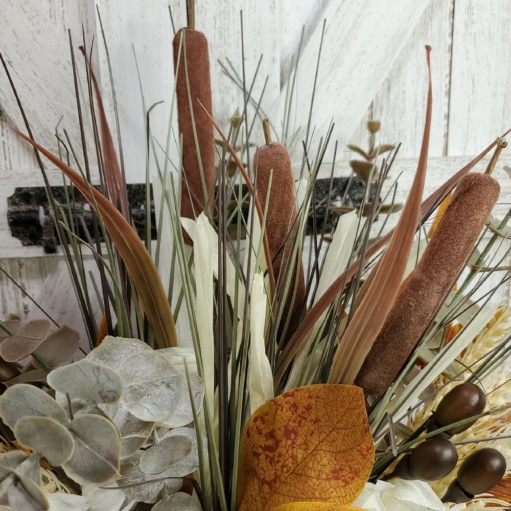 Metal Milk Can with Floral Arrangement Burlap Bow Cattails Dried Lotus